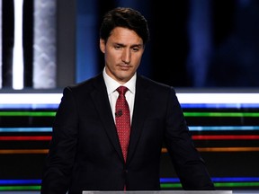 Liberal Leader Justin Trudeau takes part in the federal election English-language Leaders debate in Gatineau, Quebec, September 9, 2021.