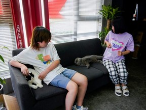 Rogue Warriors esports team members take a break as they play with cats before a training session, at their club in Shanghai, China, Sept. 3, 2021.