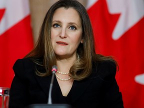Canada's Finance Minister Chrystia Freeland attends a press conference on Parliament Hill in Ottawa, April 19, 2021.
