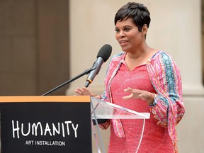 Marci Ien attends the unveiling of the Humanity Art Installation outside Union Station in Toronto on Wednesday Sept. 1, 2021.