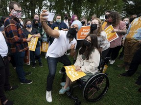 NDP leader Jagmeet Singh greets supporters during a campaign stop in Halifax, N.S., Friday, September 17, 2021.