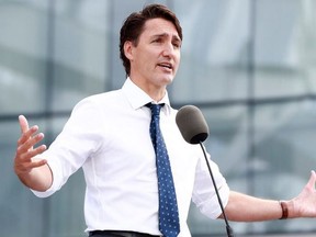 Liberal Leader Justin Trudeau is pictured while campaigning in Vancouver on Sept. 13, 2021.