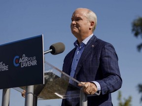 Erin O'Toole, leader of the Conservative Party of Canada, speaks during a campaign stop in Dundas, Ont. Saturday, Sept. 18, 2021.