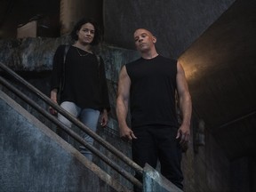Michelle Rodriguez and Vin Diesel in "F9" of The Fast and the Furious series.