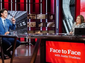 Liberal Leader Justin Trudeau prepares to take part on CBC's Face To Face with host Rosemary Barton in Toronto, September 12, 2021.