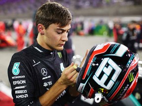 George Russell of Great Britain and Mercedes GP prepares to drive on the grid before the F1 Grand Prix of Sakhir at Bahrain International Circuit on December 6, 2020 in Bahrain.