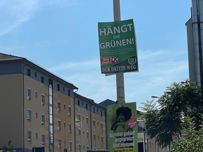 A handout picture taken September 8, 2021 and obtained September 16, 2021 shows an election poster saying "Hang The Greens”  in Zwickau, Germany.