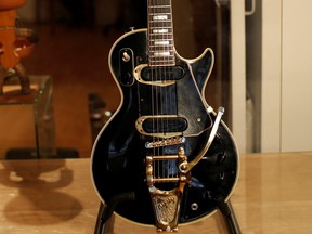 The Les Paul guitar known as "Black Beauty" is seen in the offices of Guernsey's Auctions President Arlan Ettinger in New York, Jan. 29, 2015.