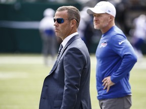 General manager Brandon Beane of the Buffalo Bills watches warmups before a game against the New York Jets at MetLife Stadium on September 8, 2019 in East Rutherford, New Jersey.