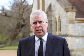 Prince Andrew, Duke of York, attends the Sunday Service at the Royal Chapel of All Saints, Windsor, following the announcement on Friday April 9th of the death of Prince Philip, Duke of Edinburgh, at the age of 99, on April 11, 2021 in Windsor, England.