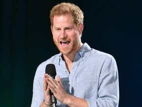 Co-Chair Britain's Prince Harry, Duke of Sussex, speaks onstage during the taping of the "Vax Live" fundraising concert at SoFi Stadium in Inglewood, California, on May 2, 2021.