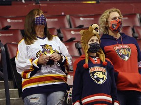 Fans watch warm-ups prior to the game between the Florida Panthers and the Detroit Red Wings.