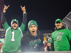Fans of the Saskatchewan Roughriders cheer on their team as they take on the Calgary Stampeders at McMahon Stadium in Calgary, Alberta, Canada.