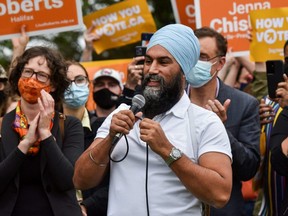 New Democratic Party Leader Jagmeet Singh speaks to supporters during an election campaign tour in Halifax, Friday, Sept. 17, 2021.