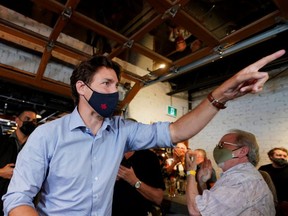 Liberal Leader Justin Trudeau gestures during his election campaign tour stop in Brantford, Ont., Sunday, Sept. 6, 2021.