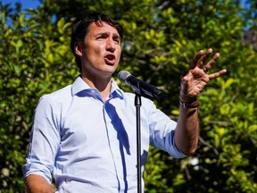 Liberal Leader Justin Trudeau speaks during an election campaign stop in Aurora, Ont., Saturday, Sept. 18, 2021.