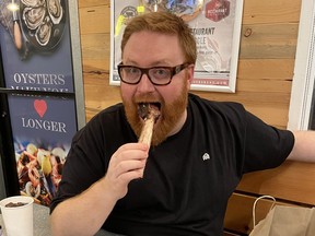 Comedian and former Food Network host shoving giant rib in his mouth. Denny was blasted for his abortion stance by the Food Network.