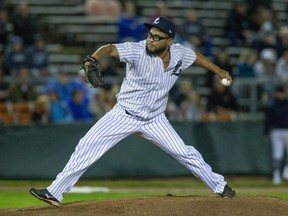 London Majors starter Pedro De Los Santos pitches in the first inning of their game against the Toronto Maple Leafs at Labatt Park in London, Ont. on Friday September 24, 2021.