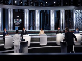 Federal political party leaders participate in the federal election French-language debate, in Gatineau, Que., Wednesday, Sept. 8, 2021.