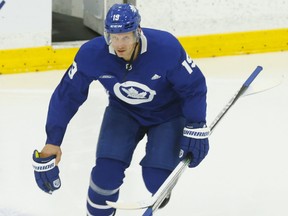 Maple Leafs' Jason Spezza skates across the ice on the first day of on ice at training camp on Thursday.
