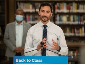 Ontario Minister of Education Stephen Lecce makes an announcement at St. Robert Catholic High School in Toronto on Aug. 4, 2021.