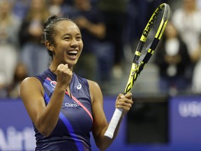 Leylah Annie Fernandez of Canada celebrates after her match against Naomi Osaka of Japan (not pictured) on Day 5 of the 2021 U.S. Open tennis tournament at USTA Billie Jean King National Tennis Center in Flushing, N.Y., Sept. 3, 2021.