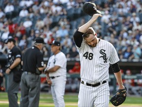 Chicago White Sox relief pitcher Mike Wright Jr. leaves a baseball game against the Los Angeles Angels after umpire Bill Welke throws him out during the ninth inning at Guaranteed Rate Field in Chicago, Sept. 16, 2021.