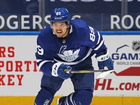 Nick Robertson of the Toronto Maple Leafs skates against the Calgary Flames during an NHL game at Scotiabank Arena on April 13, 2021 in Toronto.