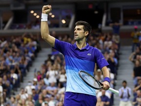 Novak Djokovic celebrates defeating Jenson Brooksby during his Men’s Singles round of 16 match of the U.S. Open at USTA Billie Jean King National Tennis Center in New York City, Monday, Sept. 6, 2021.