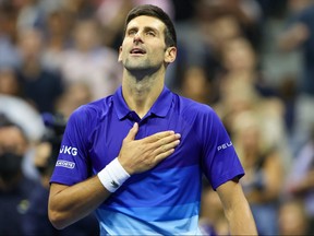 Novak Djokovic of Serbia celebrates after defeating Tallon Griekspoor of the Netherlands during his Men's Singles second round match on Day 4 of the 2021 U.S. Open at USTA Billie Jean King National Tennis Center on Sept. 2, 2021 in New York City.
