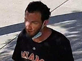 An image released by Toronto Police of a suspect in an alleged assault Friday, Sept. 3, 2021 at 9 a.m. in the Danforth Ave. and Dawes Rd. area