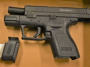 A Fully loaded Springfield Armory XD-9 (9-mm) semi-automatic handgun allegedly seized during a kidnapping investigation on Sept. 8, 2021.