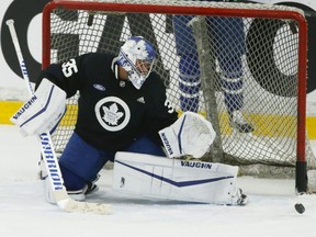 Maple Leafs goalie Petr Mrazek makes a toe save on the first day of on-ice activity at training camp in Toronto, Sept. 23, 2021.