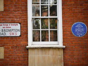 English Heritage's Blue Plaque to Diana, Princess of Wales marking the flat where she lived at the time of her engagement to Charles, Prince of Wales, is pictured in London, Wednesday, Sept. 29, 2021.