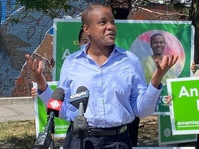 Green Party leader Annamie Paul speaking in Toronto on Saturday, Sept. 4 2021
