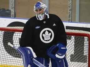 Toronto Maple Leafs goalie Petr Mrazek between the pipes at their practice facility in Etobicoke on September 15, 2021.