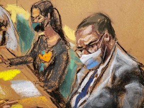 R. Kelly listens as assistant U.S. Attorney Nadia Shihata presents her rebuttal to defence lawyer Deveraux Cannick's closing arguments in Kelly's sex abuse trial at Brooklyn's Federal District Court in a courtroom sketch in New York City, Friday, Sept. 24, 2021.
