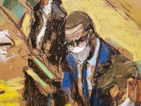 R. Kelly listens as federal prosecutor Elizabeth Geddes concludes her closing arguments, asking the jury to convict Kelly during his sex abuse trial at Brooklyn's Federal District Court in a courtroom sketch in New York, Sept. 23, 2021.