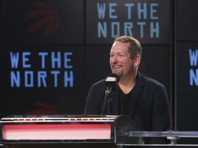 Raptors head coach Nick Nurse speaks to the reporters on media day at the Scotiabank Arena on Monday.