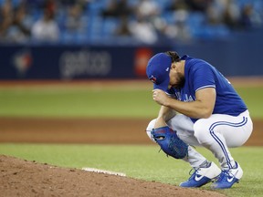 Robbie Ray of the Blue Jays takes a moment between pitches in the sixth inning against the Yankees at Rogers Centre on Thursday, Sept. 30, 2021 in Toronto.