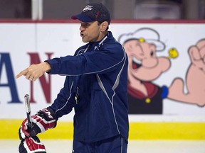 Rocky Thompson, then head coach of the Windsor Spitfires, gives direction to players during practice at the Memorial Cup Saturday May 27, 2017 in Windsor.
