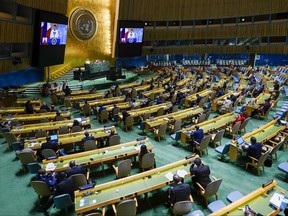 Philippines President Rodrigo Duterte is seen on a video screen during the annual gathering in New York City for the 76th session of the United Nations General Assembly (UNGA) on Sept. 21, 2021 in New York City.