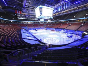 It is the empty feeling inside the Scotiabank Arena  on opening night with not a fan in sight because of COVID restrictions in Toronto on Wednesday January 13, 2021.