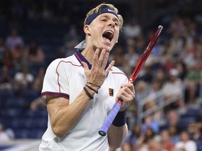 Denis Shapovalov reacts to losing a point against Lloyd Harris during his third-round match at the USTA Billie Jean King National Tennis Center on September 4, 2021 in New York.