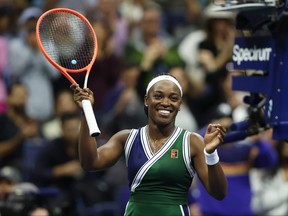 Sloane Stephens of the United States celebrates after defeating Cori Gauff of the United States during her Women's Singles second round match on Day 3 of the 2021 US Open at the Billie Jean King National Tennis Center on Sept. 1, 2021 in the Flushing neighbourhood of the Queens borough of New York City.
