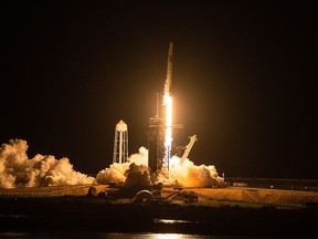 The SpaceX Falcon 9 rocket carrying the Inspiration4 crew launches from Pad 39A at NASA's Kennedy Space Center in Cape Canaveral, Florida on September 15, 2021.