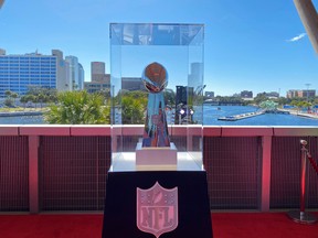 The Vince Lombardi trophy is on display before it is awarded to the winning team of Super Bowl LV in Tampa, Florida, February 5, 2021.