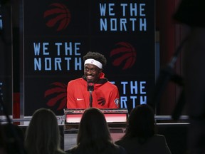Toronto Raptors forward Pascal Siakim spoke to reporters on media day about his shoulder surgery and riding the TTC at the Scotiabank Arena in Toronto, Ont. on Monday September 27, 2021. Jack Boland/Toronto Sun/Postmedia Network