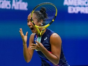 Leylah Fernandez of Canada celebrates after match point against Aryna Sabalenka of Belaru on day 11  of the 2021 U.S. Open tennis tournament at USTA Billie Jean King National Tennis Center.