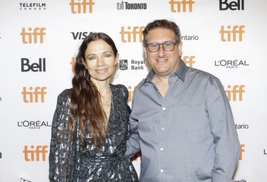 From left to right, Justine Bateman and Larry Hummel attend the "Violet" Photo Call during the 2021 Toronto International Film Festival at TIFF Bell Lightbox, Sept. 9, 2021.